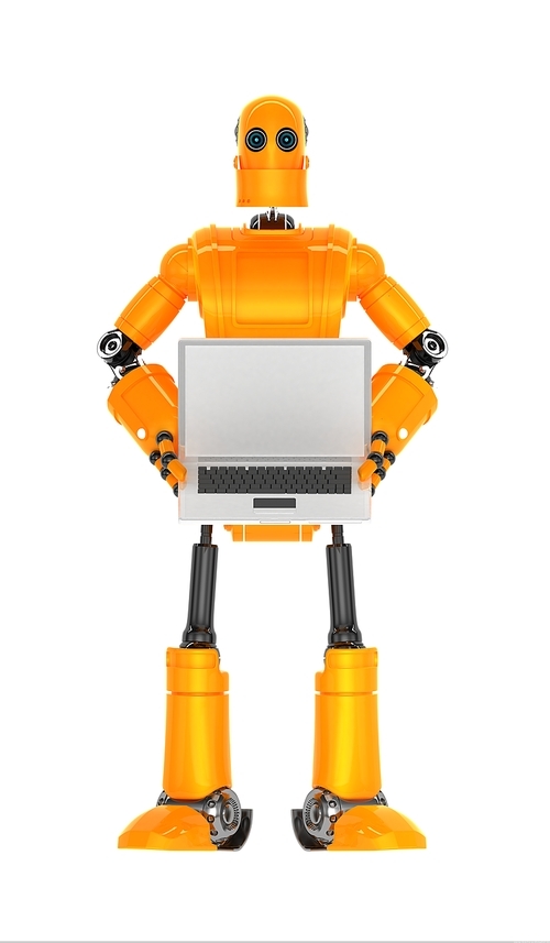 Robot with blank laptop computer. Isolated on white background
