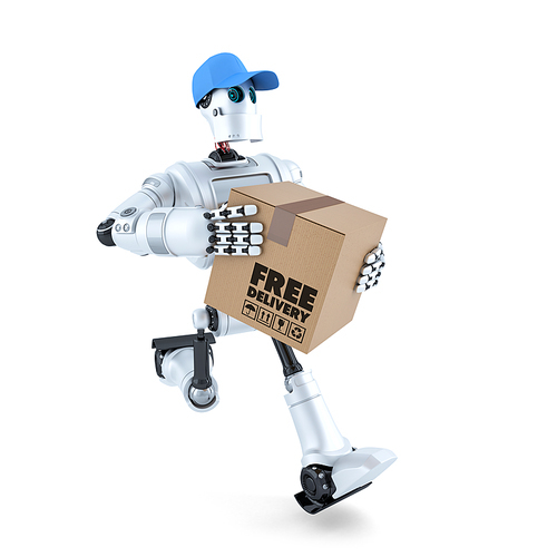 3D Courier Robot with package. Free delivery concept. Isolated over white. Contains clipping path