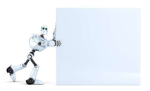 Robot pushing a big blank banner. Isolated over white. Contains clipping path