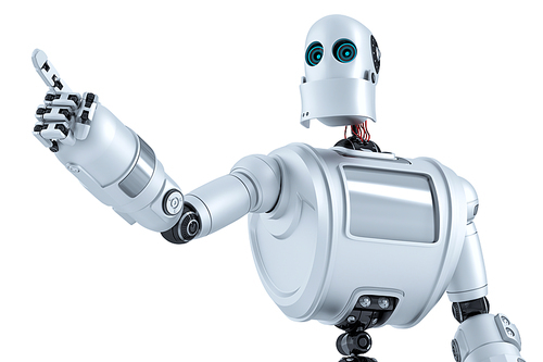 Closeup portrait of robot pointing at invisible object. Isolated over white. Contains clipping path