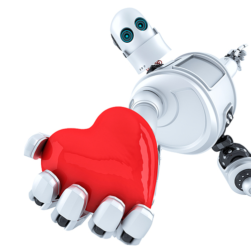 Robot holds heart in his hand. Isolated over white. Contains clipping path