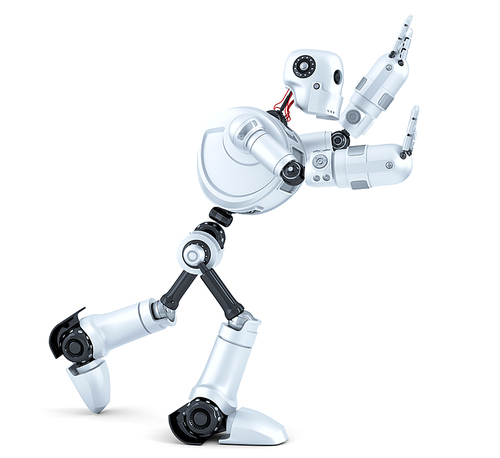 3d Robot pushing an invisible object. Isolated on white background. Contains clipping path