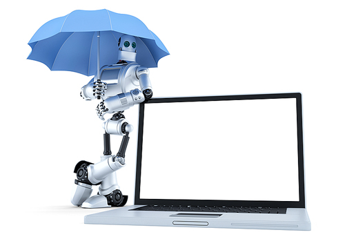 Robot with laptop under umbrella. Digital protection concept. Isolated over white. Contains clipping path