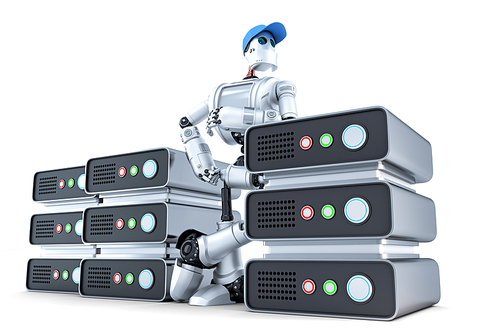 Robot with a stack of servers, hosting concept. Isolated over white. Contains clipping path