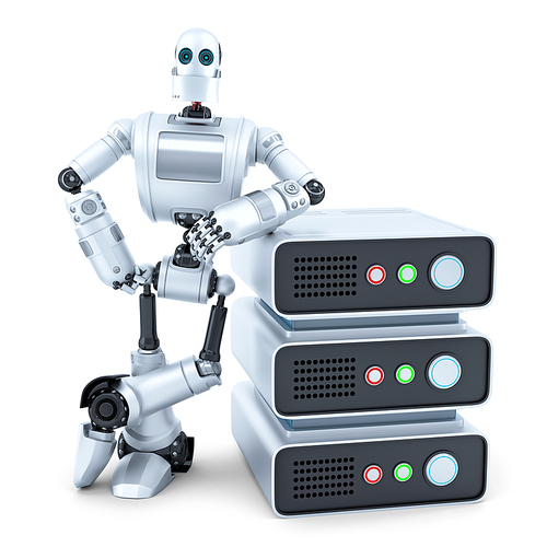 Engineer with stack of servers. Isolated over white. Contains clipping path