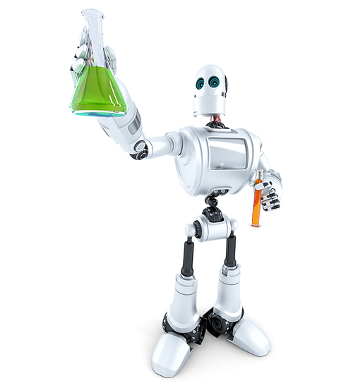 Robot scientist manipulates chemical tubes. Isolated over white. Contains clipping path