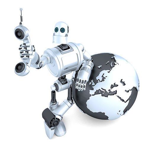 Robot with tablet phone tube and earth globe. Global communication concept. Isolated over white. Contains clipping path