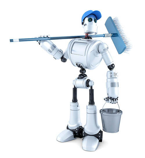 Friendly robot cleaner. Isolated over white. Contains clipping path