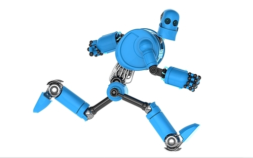 Running blue robot. Isolated on white
