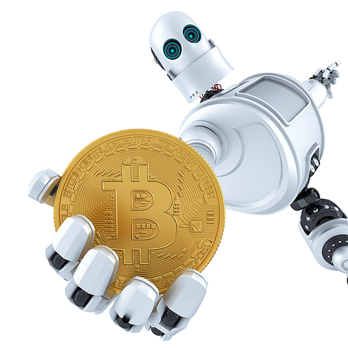 Robot holding gold bitcoin. 3D illustration. Isolated. Contains clipping path.