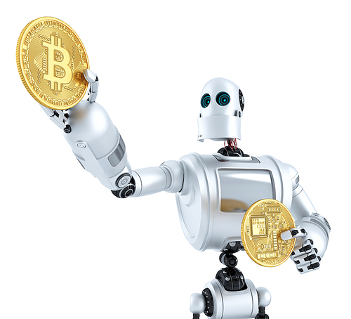 Golden bitcoin coin shining in the robots hand. 3D illustration. Isolated. Contains clipping path.