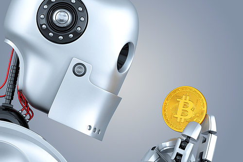 Robot looking at bitcoin coin in his hands. 3D illustration. Contains clipping path.