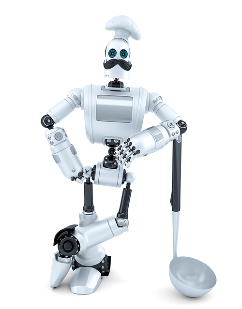 Robot Chef posing with soup ladle. 3D illustration. Isolated. Contains clipping path.