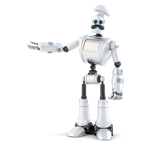 Robot Chef showing invisible object. 3D illustration. Isolated. Contains clipping path