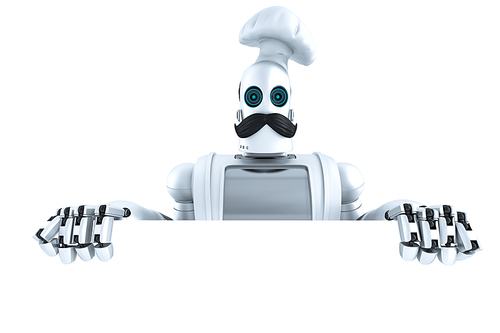 Robot Chef with blank empty board. 3D illustration. Isolated. Contains clipping path
