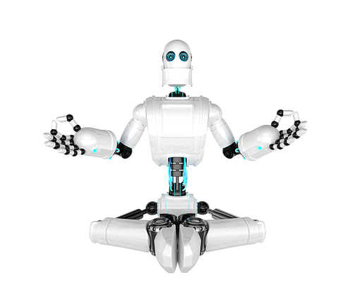 3d Robot meditating in lotus position. Isolated on white background