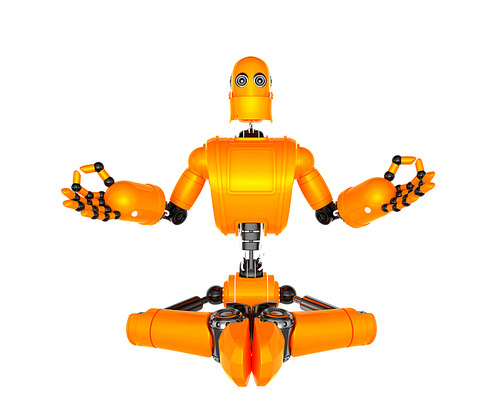 Orange robot in meditation pose. Isolated on white background