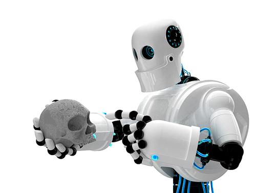 Robot holding human scull. Isolated over white background