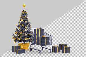 Christmas tree, gift boxes and shopping cart