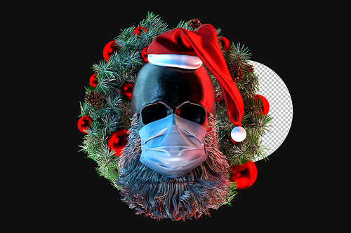 Skull of Santa Claus in medical mask with Christmas wreath on background