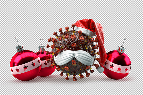 SARSr-CoV virion as Santa Claus mascot with decorative Christmas balls. Pandemic Christmas concept. 3D Rendering
