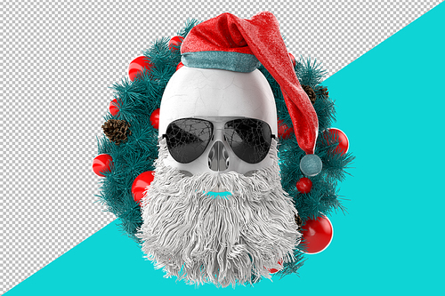 Skull of Santa Claus on the background of a Christmas wreath. 3D Rendering