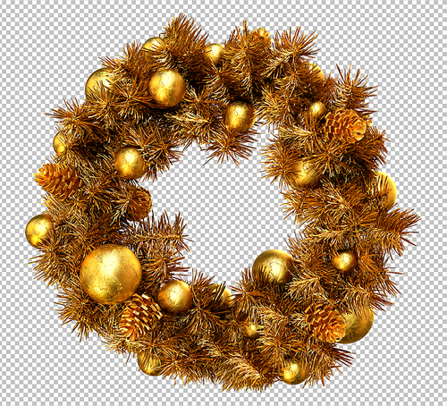 Golden Christmas wreath on white background. 3D Rendering