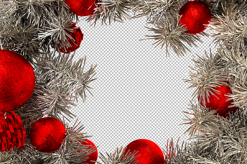 Frame formed with pine twigs and decorative red Christmas balls. Isolated. 3D Rendering