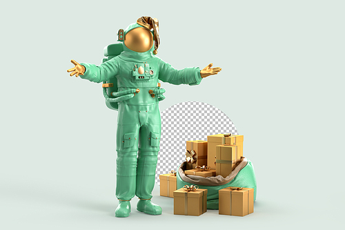 Astronaut Santa with sack of Christmas gifts. Christmas concept. 3D Rendering