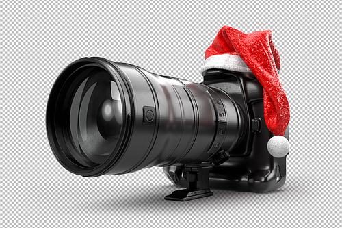DSLR camera in a red Christmas hat of Santa Claus. 3D Rendering