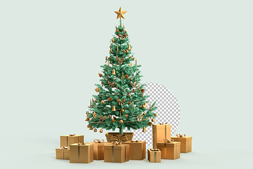 Christmas tree with gift boxes on teal background. 3D Rendering