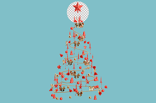 Christmas decorations form silhouette of a Christmas tree. 3D Rendering