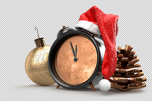 Christmas Alarm Clock in hat of Santa Claus with pine cone and decoration ball. 3D Rendering