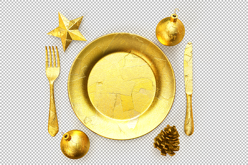 Elegant minimalistic festive golden Christmas dining set. 3D Rendering