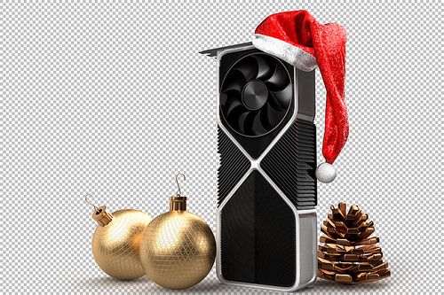 Festive PC graphic video card. Christmas concept. 3D Rendering