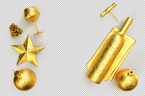 Minimalistic Christmas composition with golden wine bottle, glass, corkscrew and decoration objects