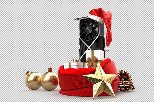 Modern graphic card and sack with Christmas gifts. Christmas tech concept. 3D Rendering