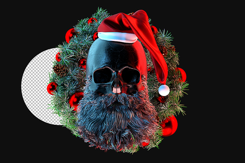 Skull of Santa Claus on the background of a Christmas wreath. 3D Rendering
