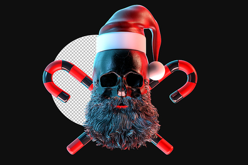 Skull of Santa Claus with candy cones. 3D Rendering