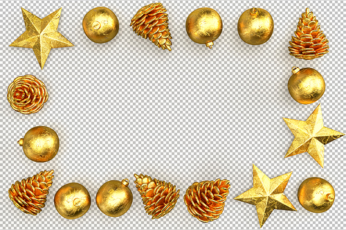 Gold Festive Christmas frame made from decorative elements. 3D Rendering