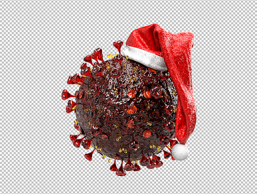 Virus cell in Santa's hat. Coronavirus concept. 3D Rendering