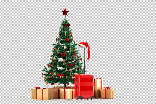 Christmas tree with gift boxes and suitcase. Travel concept. Isolated over white. 3D Rendering