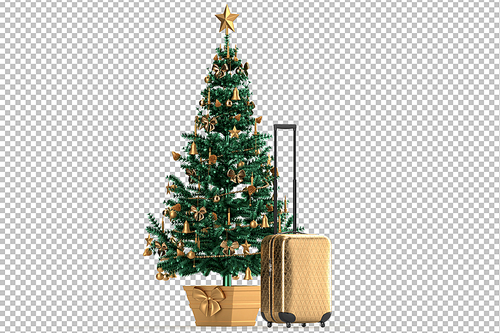 Festive Christmas tree and suitcase. Holiday vacations concept. Isolated over white. 3D Rendering