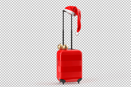 Santa Claus hat on Suitcase. Christmas travel concept. Isolated over white. 3D Rendering