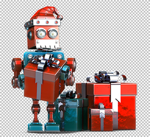 Retro Santa Claus Robot with gift boxes. Christmas concept