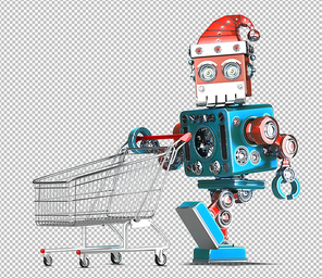 Vintage Robot Santa with shopping cart. Christmas concept. Isolated