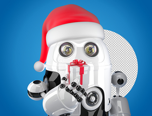 Cute robot with Santa's hat holding gift box. Technology concept