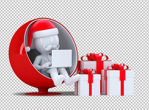 3d Santa Claus working on laptop computer. Isolated on white background