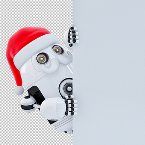 Robot Santa Claus pointing at white signboard banner. Isolated over white