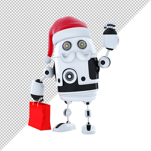 Android robot with Santa's hat and a shopping bag Isolated on white